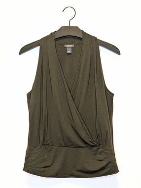 Kenneth Cole Reaction Olive draped Front Sleeveless Top Jersey Surplice Blouse
